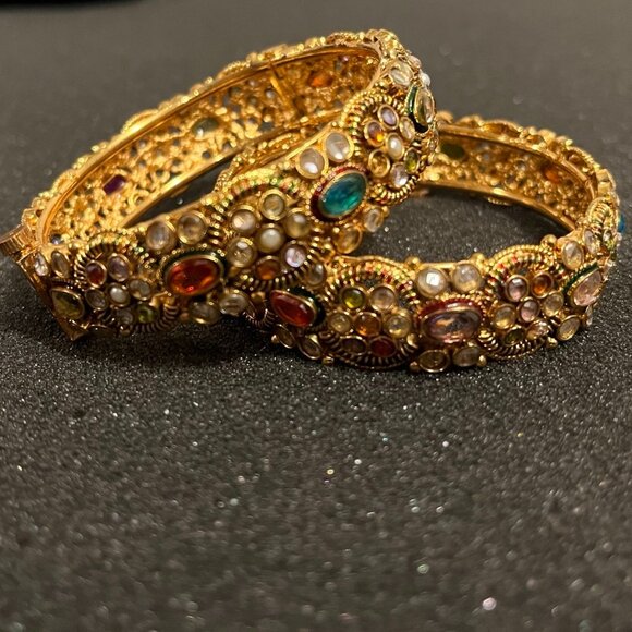 Gold-toned Bracelets with Rhinestones - 2.4" diameter - Picture 3 of 8